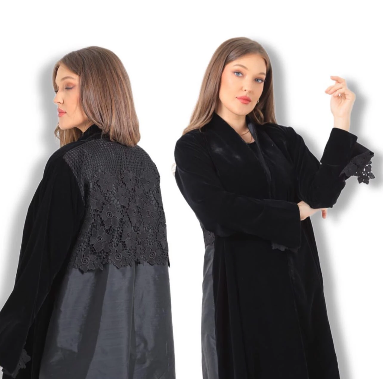 Black Velvet Abaya with Guipure Lace Back