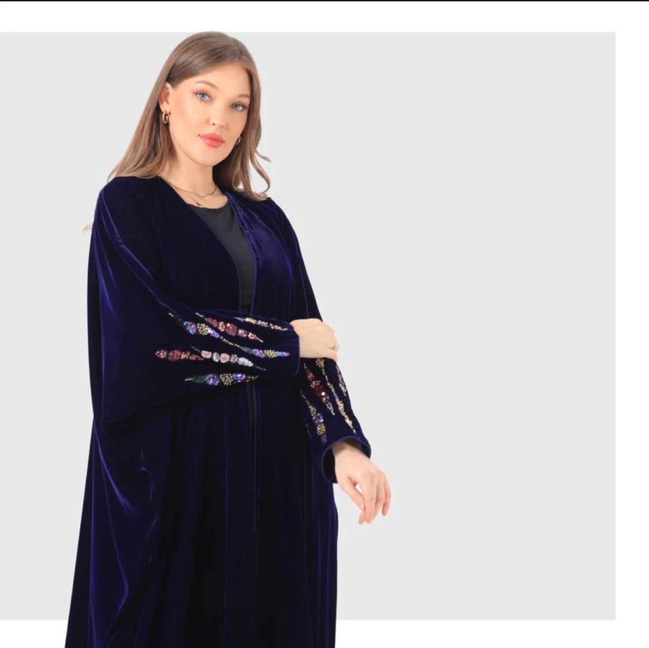 Navy Velvet Abaya with Colorful Bead Embroidery