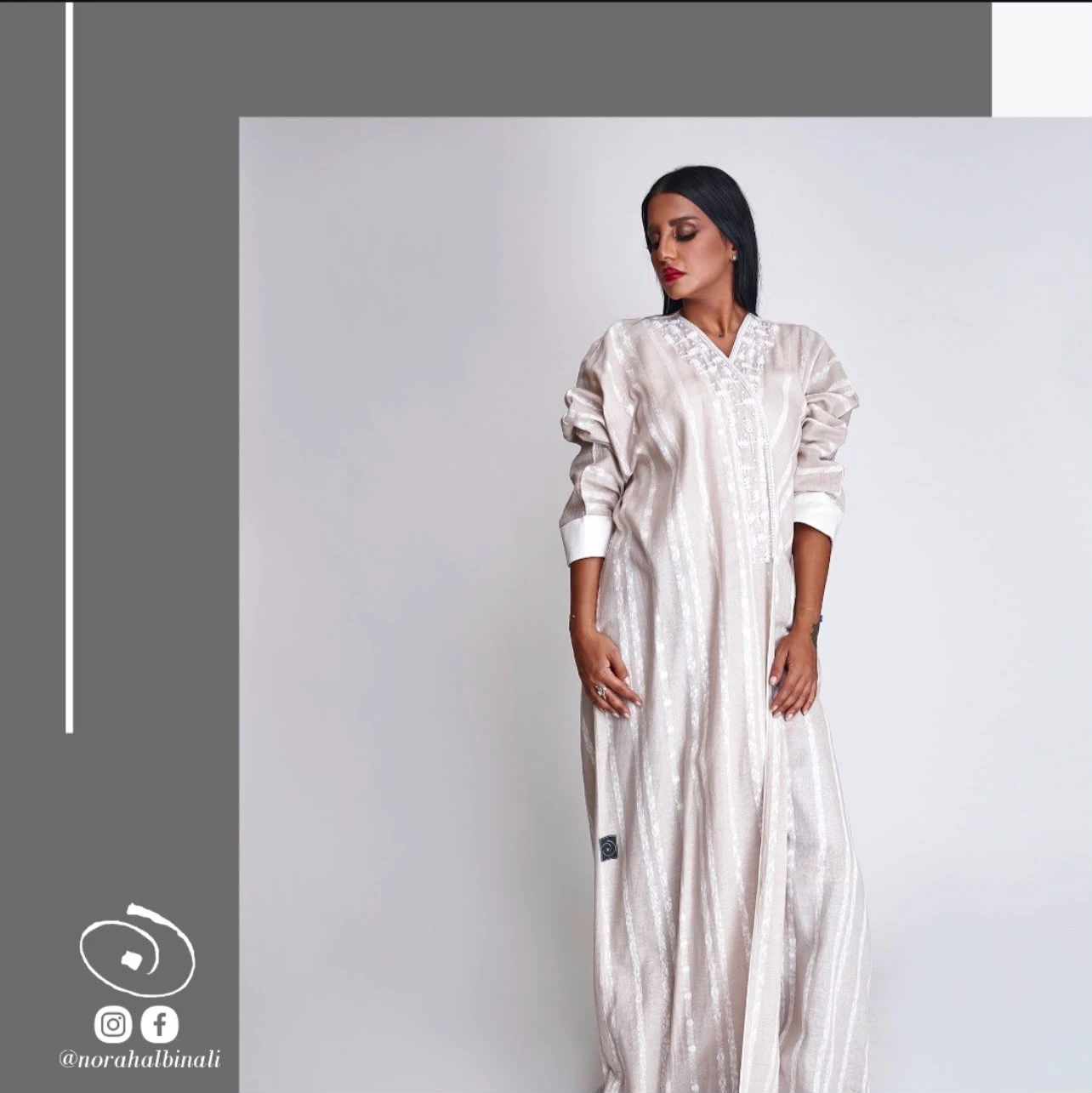 Striped White Linen Abaya with Neckline Details