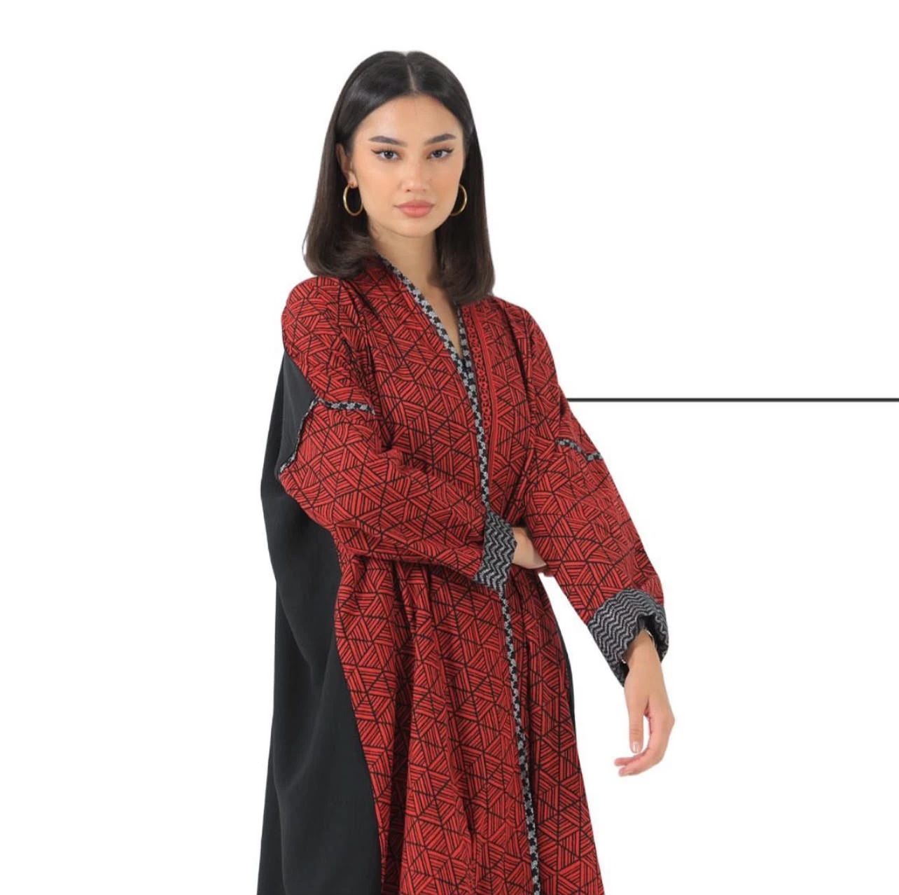 Red & Black Geometric Pattern Abaya
