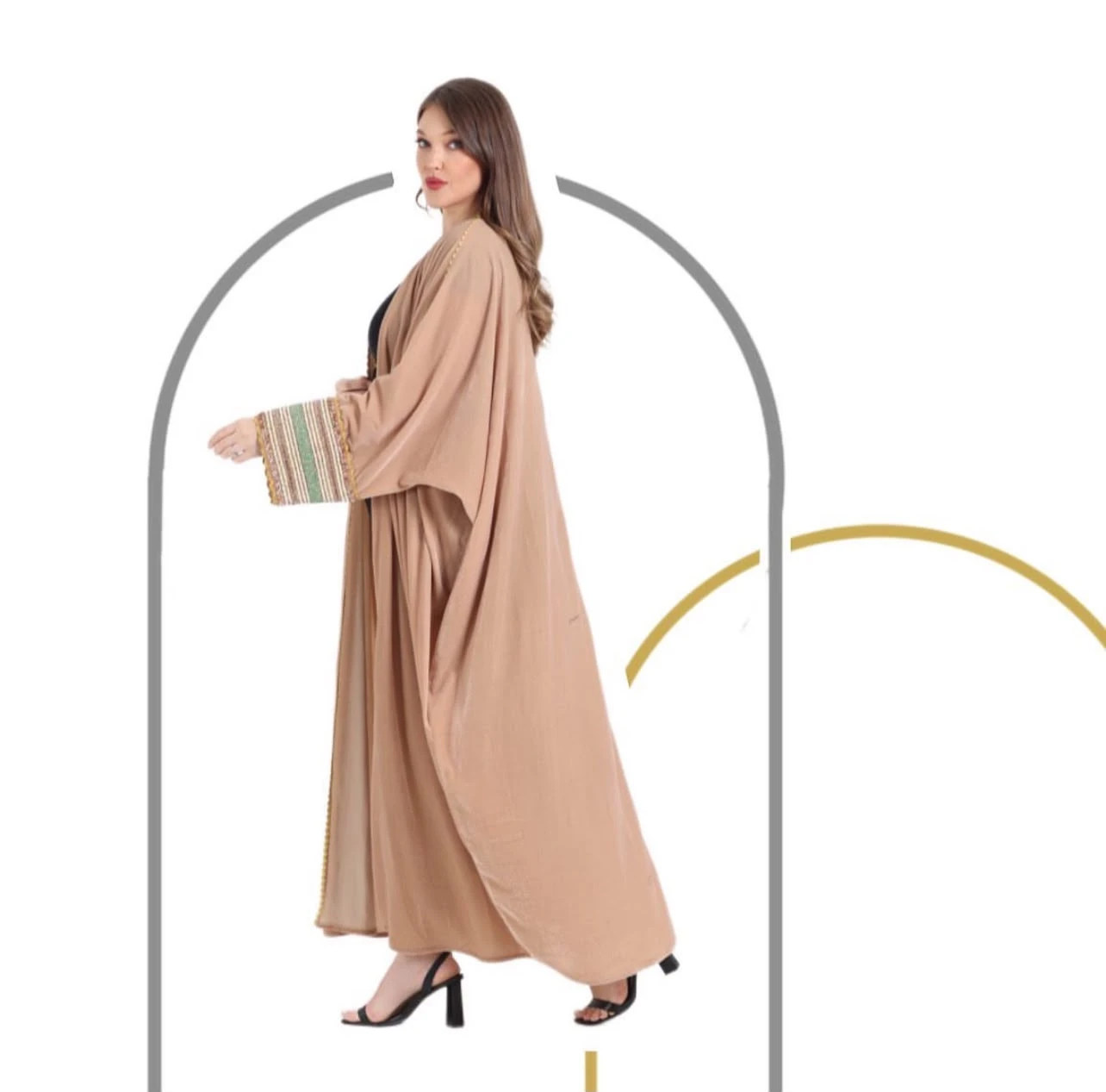 Caramel Linen Abaya with Embroidered Cuffs