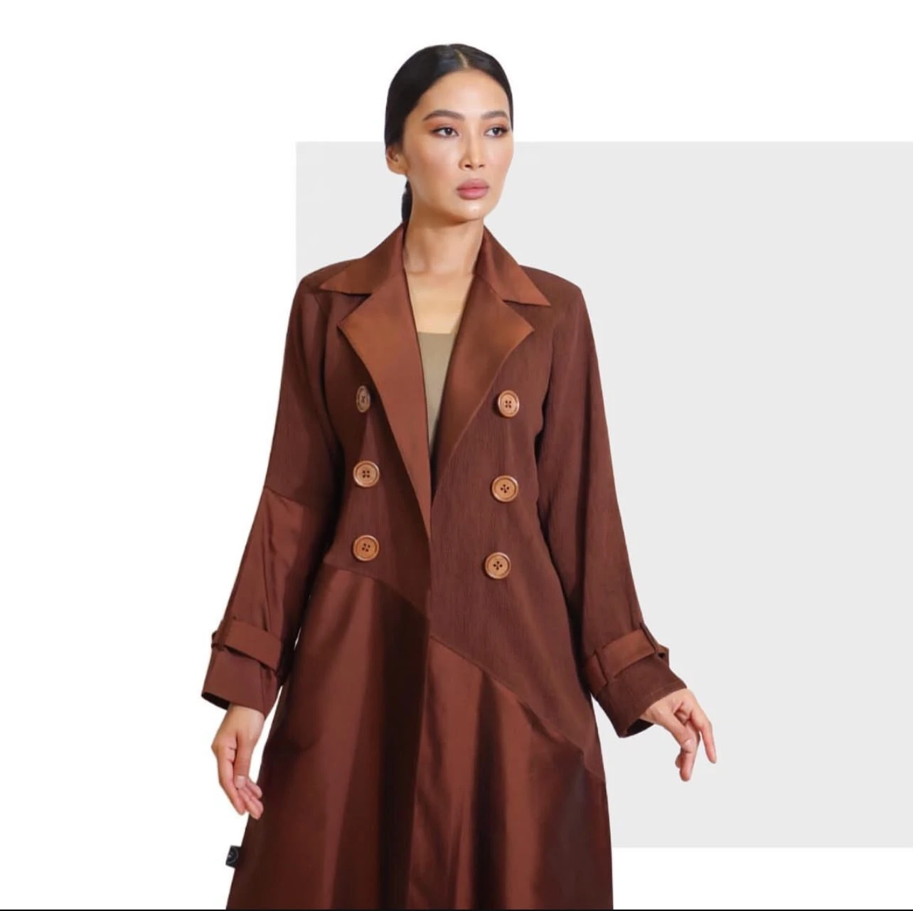 Brown Trench-Style Textured Abaya