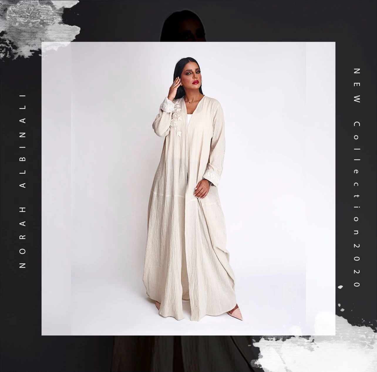 Beige Crepe Abaya with Floral Shoulder Embroidery