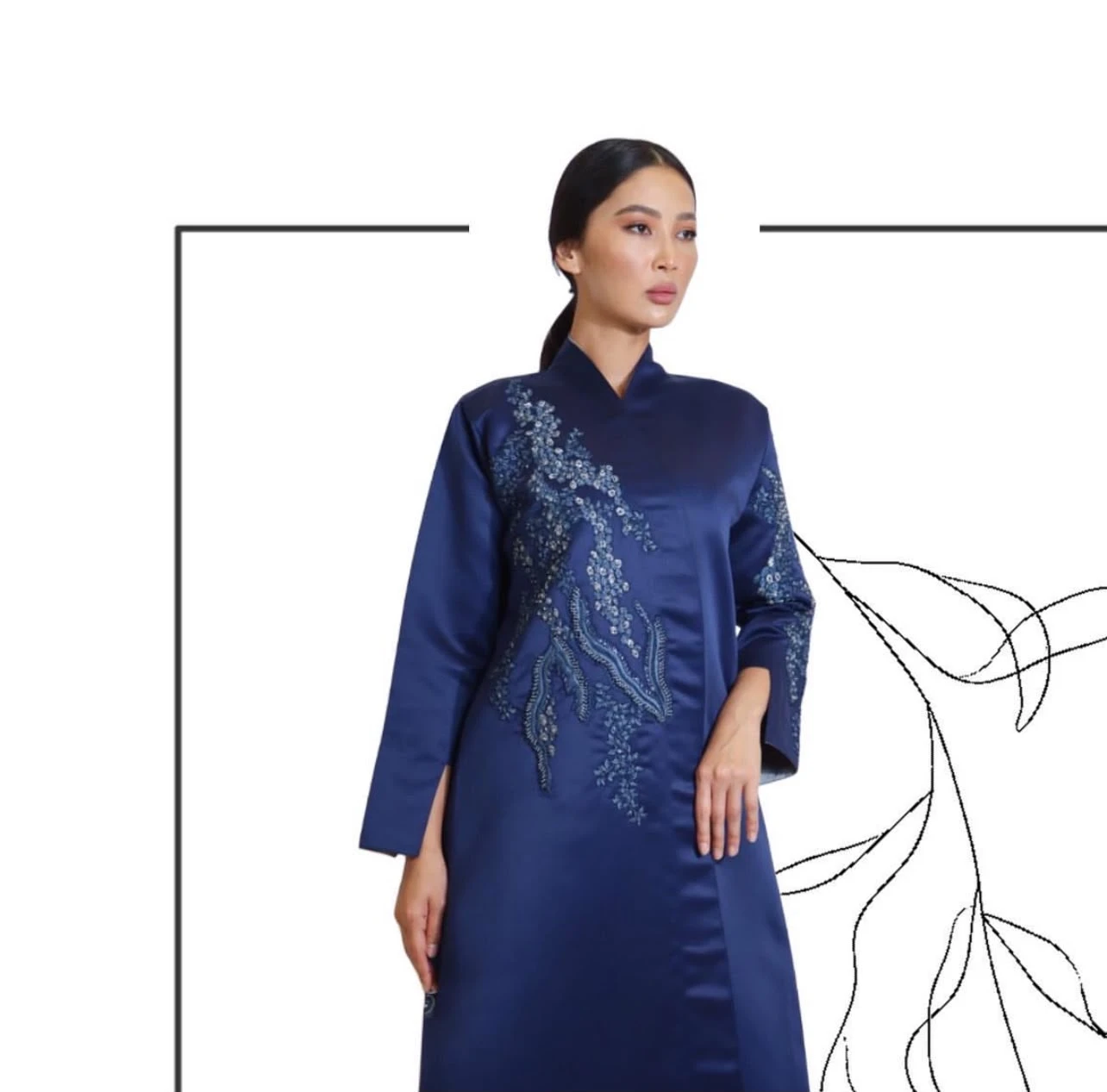 Navy Satin Kaftan with Branch Embroidery
