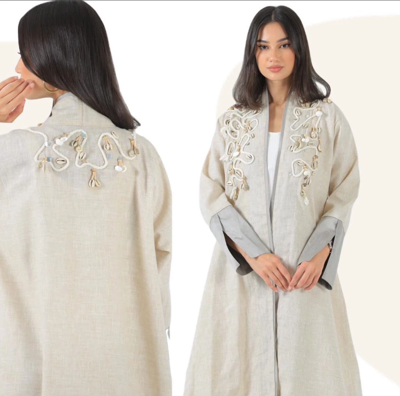 Natural Linen Abaya with Seashell Embellishments
